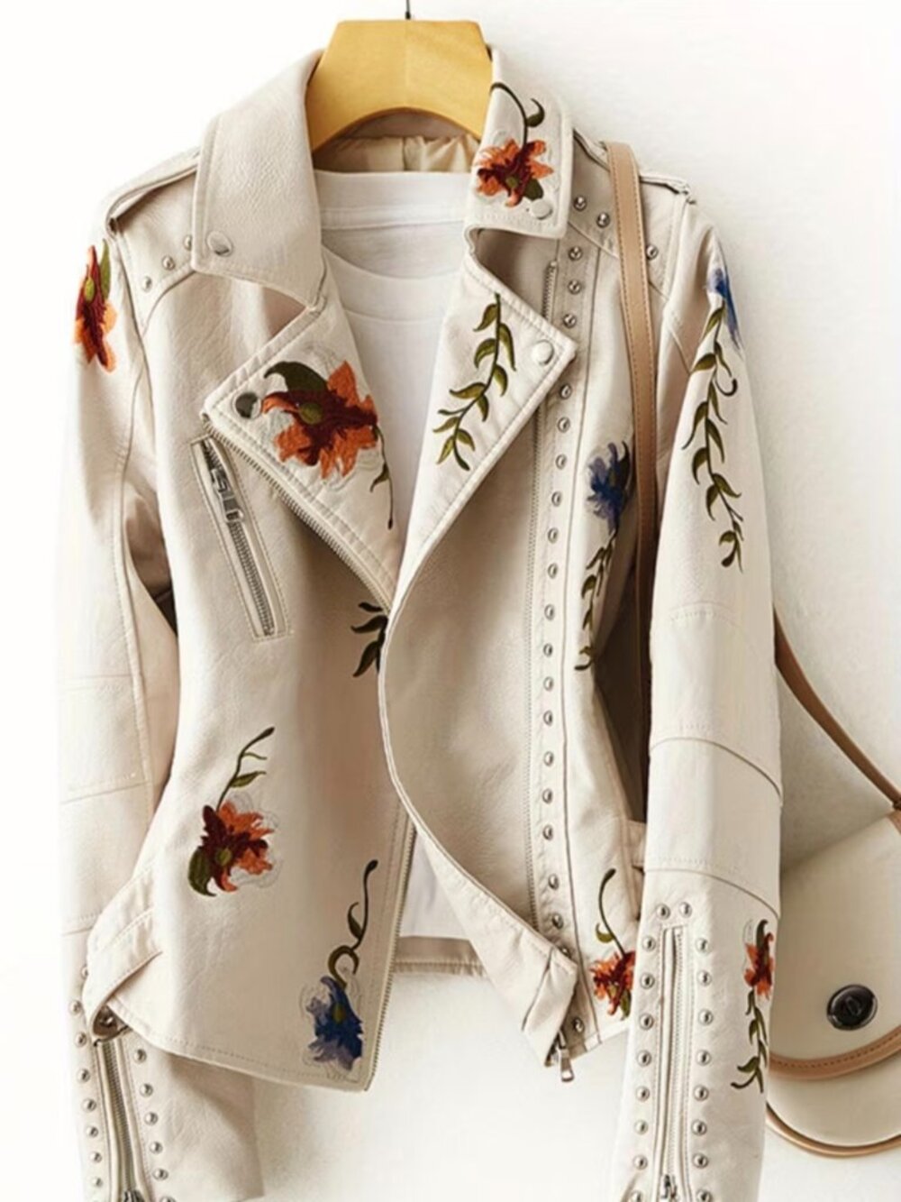 Women Floral Embroidered Moto  Jacket Coat
